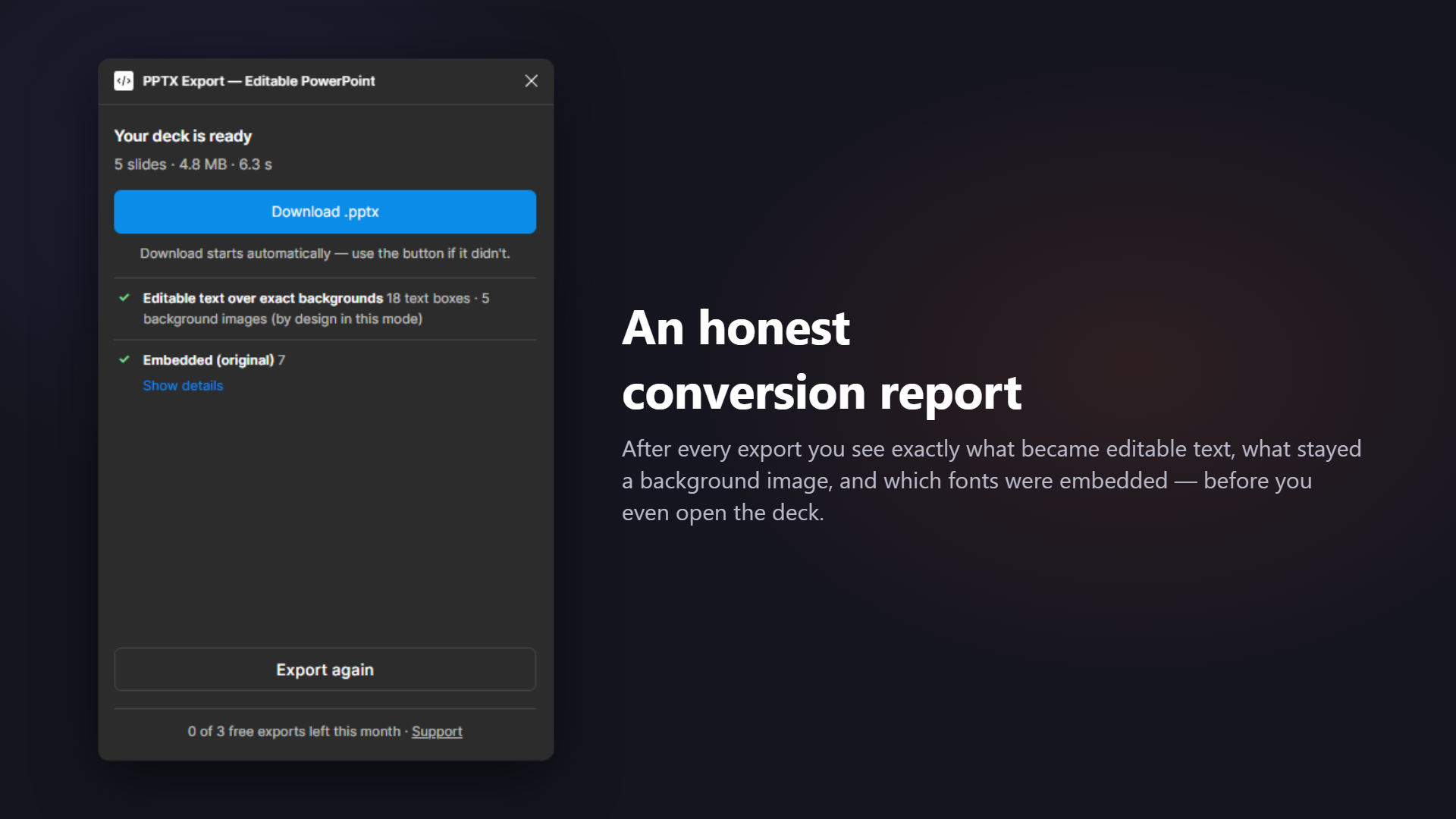 Conversion report screen: Your deck is ready — 5 slides, 4.8 MB, 6.3 s, with a list of editable text boxes and embedded fonts