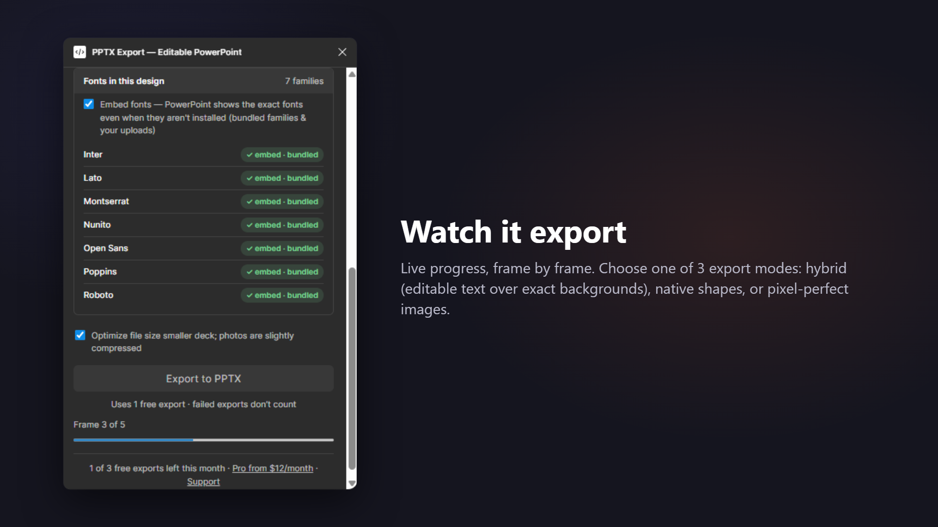Export screen with fonts panel showing seven families marked embed-bundled, an optimize file size toggle, and a frame 3 of 5 progress bar